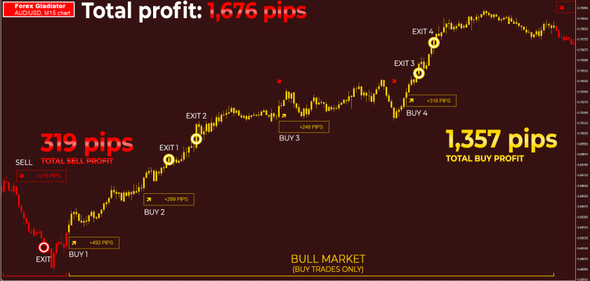 Forex Gladiator allows you to enter trades only when they follow the main trend! This is exactly how it achieves amazing results like these - 5:5 wins and 1,676 pips total on AUD:USD, M15 timeframe!