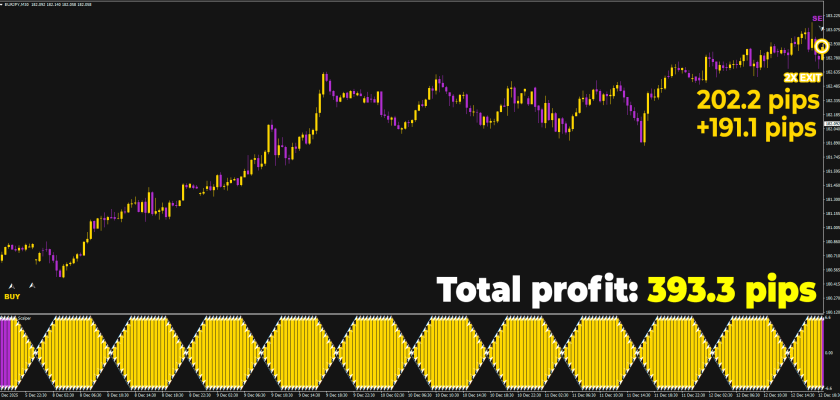 Just look at this smooth double trade that resulted in 393.3 pips on M30 timeframe!